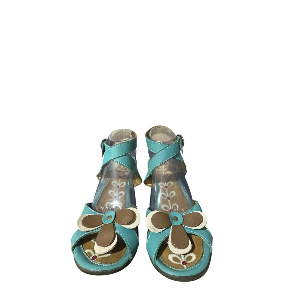 Fly London Ladies Slingback Sandals 39 Khaki Teal Leather Kitten Heel Floral 8.5